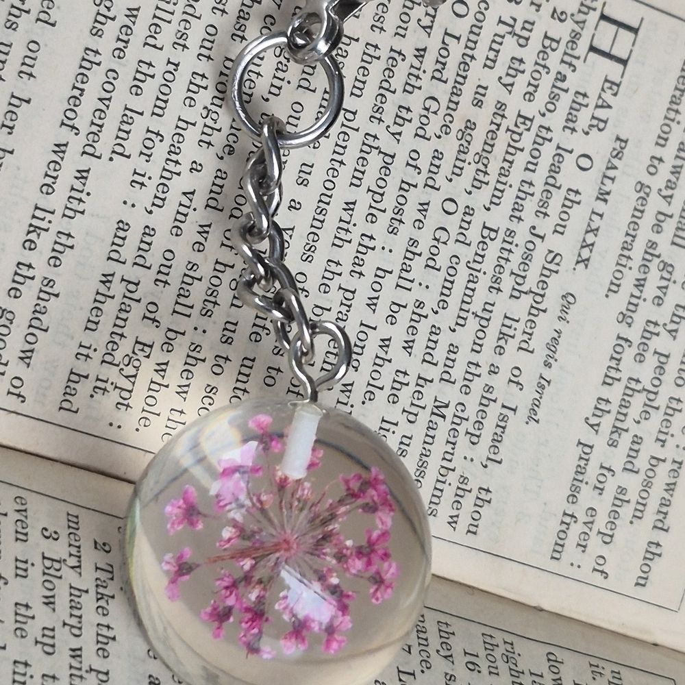Silver Keychain with Pink  Dried Flowers  Sphere - Picture 2 of 4